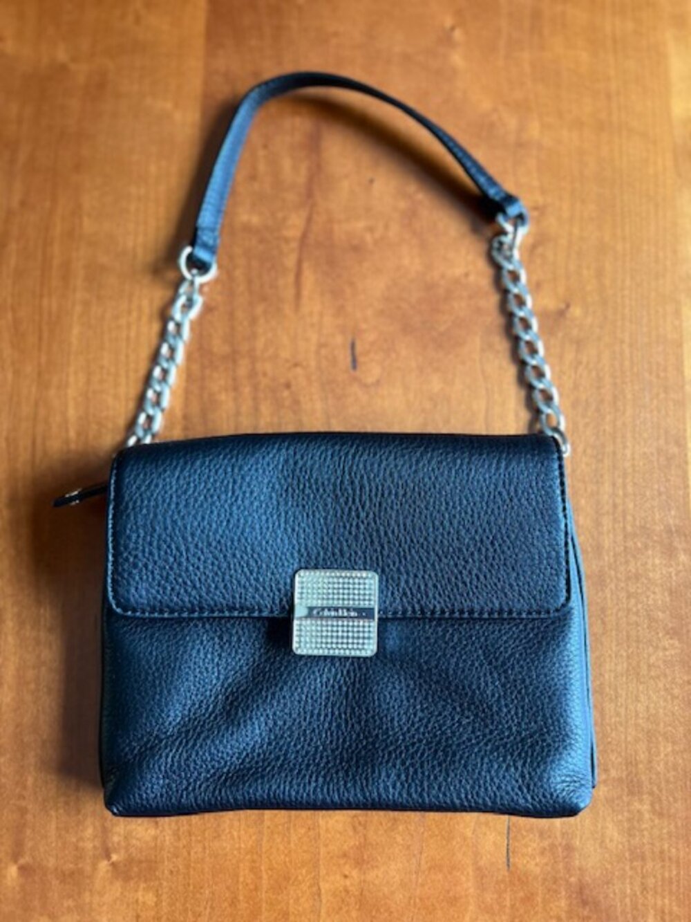 Calvin Klein Blk Purse/Bag W/ Crystal & Silver Buckle Vegan Pebbled Leather